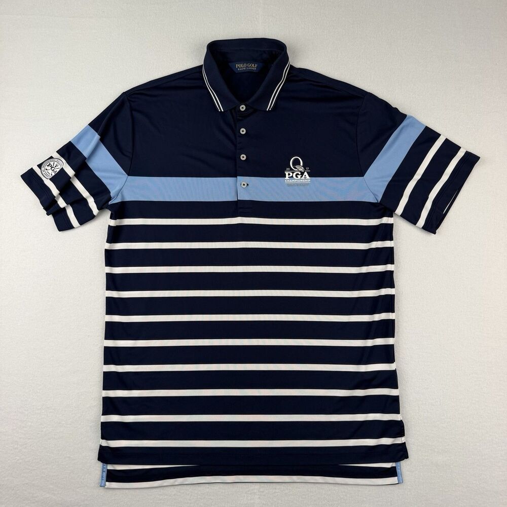 Ralph Lauren Polo Golf Mens Large Shirt Blue Stripe Quail Hollow 2017 PGA